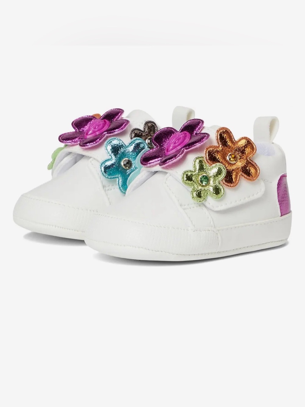 Kurt Geiger White Baby Sneakers with Multicolor Metallic Flower Accents